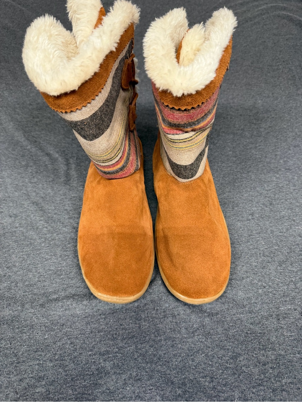 Women’s Pendleton Suede Faux-Fur Lined Tan Boots with Striped Fabric Panel - Picture 4 of 5